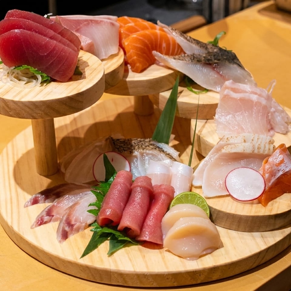 Assorted sashimi and seafood, including tuna, salmon, and scallops, arranged on a tiered wooden platter.