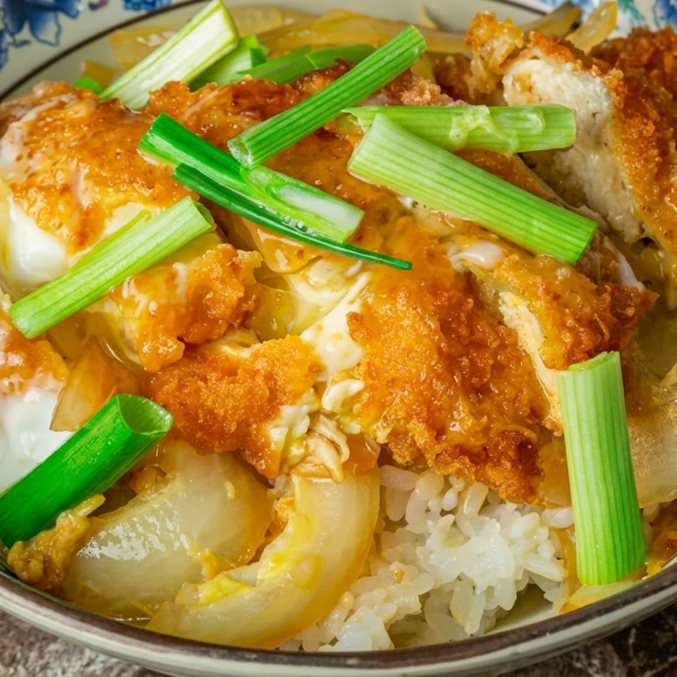 Close-up of Katsudon with crispy fried pork cutlets, egg, onions, and green onions over rice.