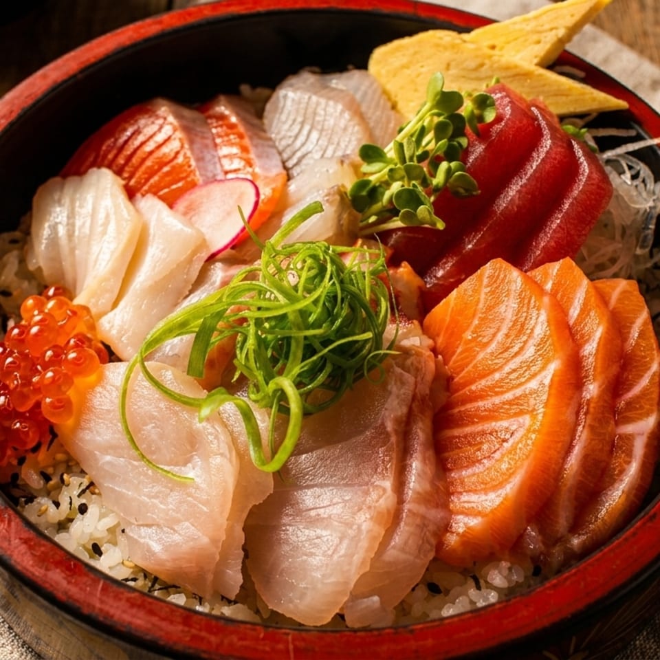 A colorful chirashi bowl with various raw fish, roe, and garnishes on rice, on a wooden table.