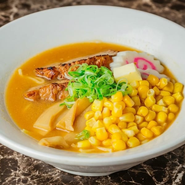 Ramen bowl with corn, green onions, fish cake, butter, and pork belly in a rich broth.