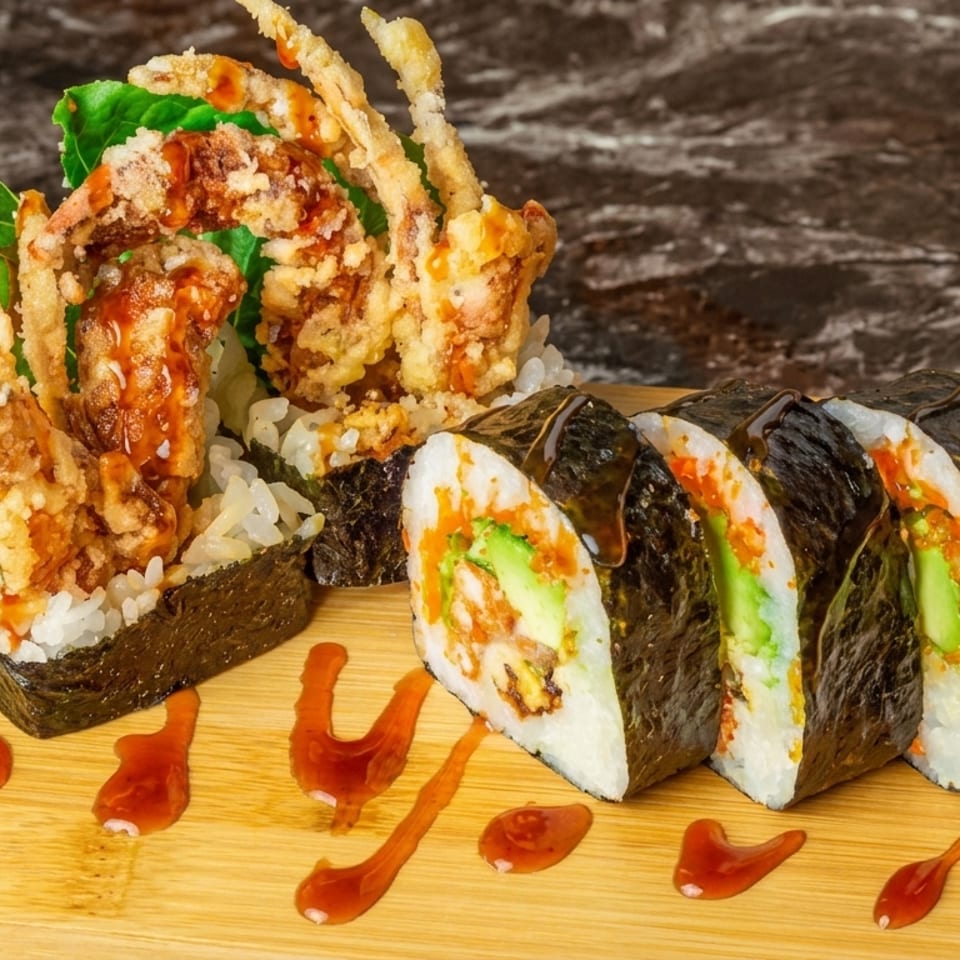 Soft shell crab sushi rolls with lettuce, avocado, and sauce on a wooden board.