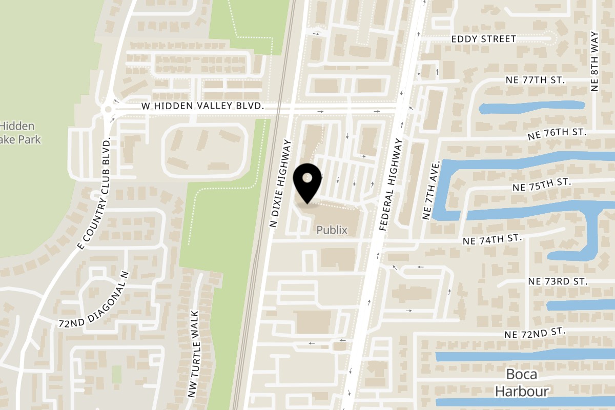 Map showing the location of Kokoro Sushi on 7461 N Federal Hwy B5 in Boca Raton